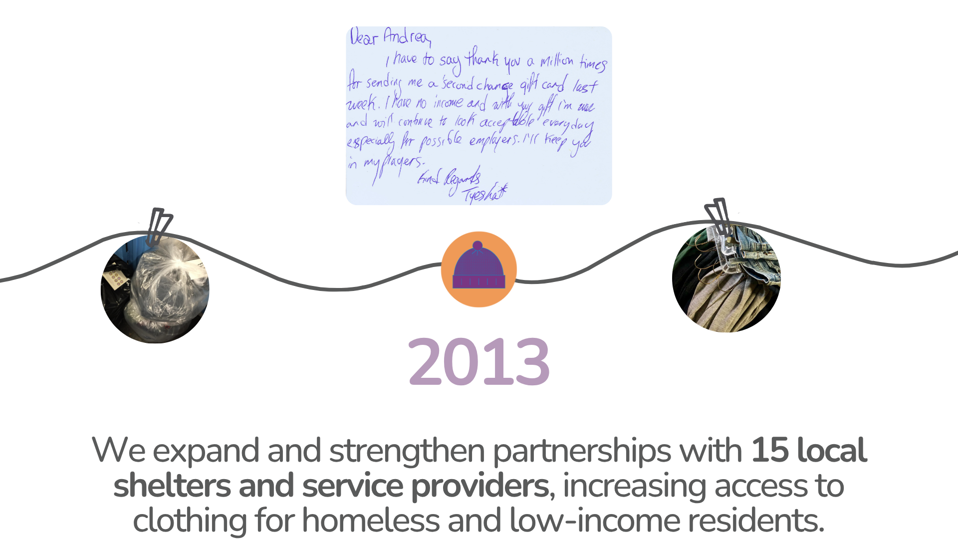 2013 – We expand and strengthen partnerships with 15 local shelters and service providers, increasing access to clothing for homeless and low-income residents.